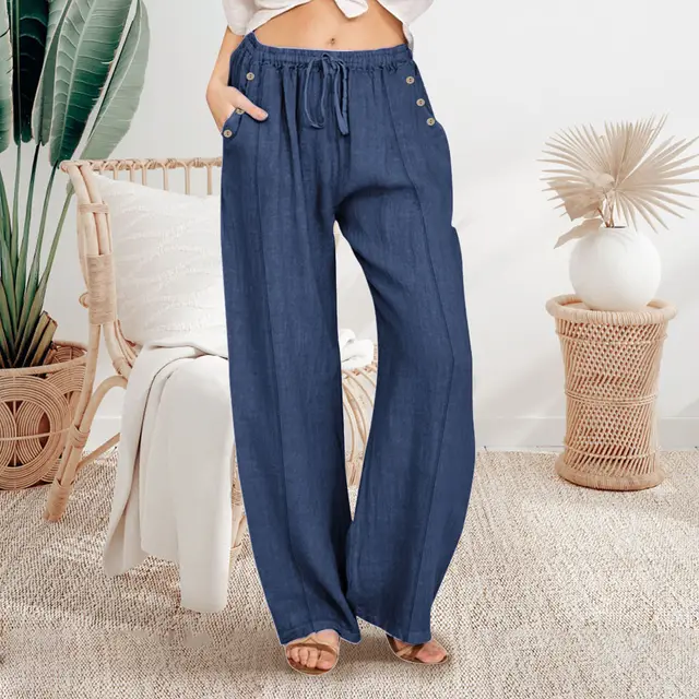 Loose Button Casual Wide leg Trousers Women Dark Blue Buttons - Shop at LoveMi