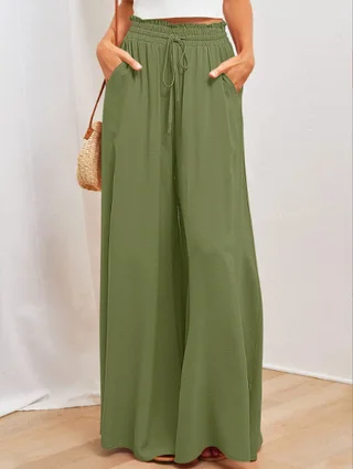Flowers Printed Wide-leg Trousers Summer Casual Straight Pnats For Women Beach Clothing - Army Green