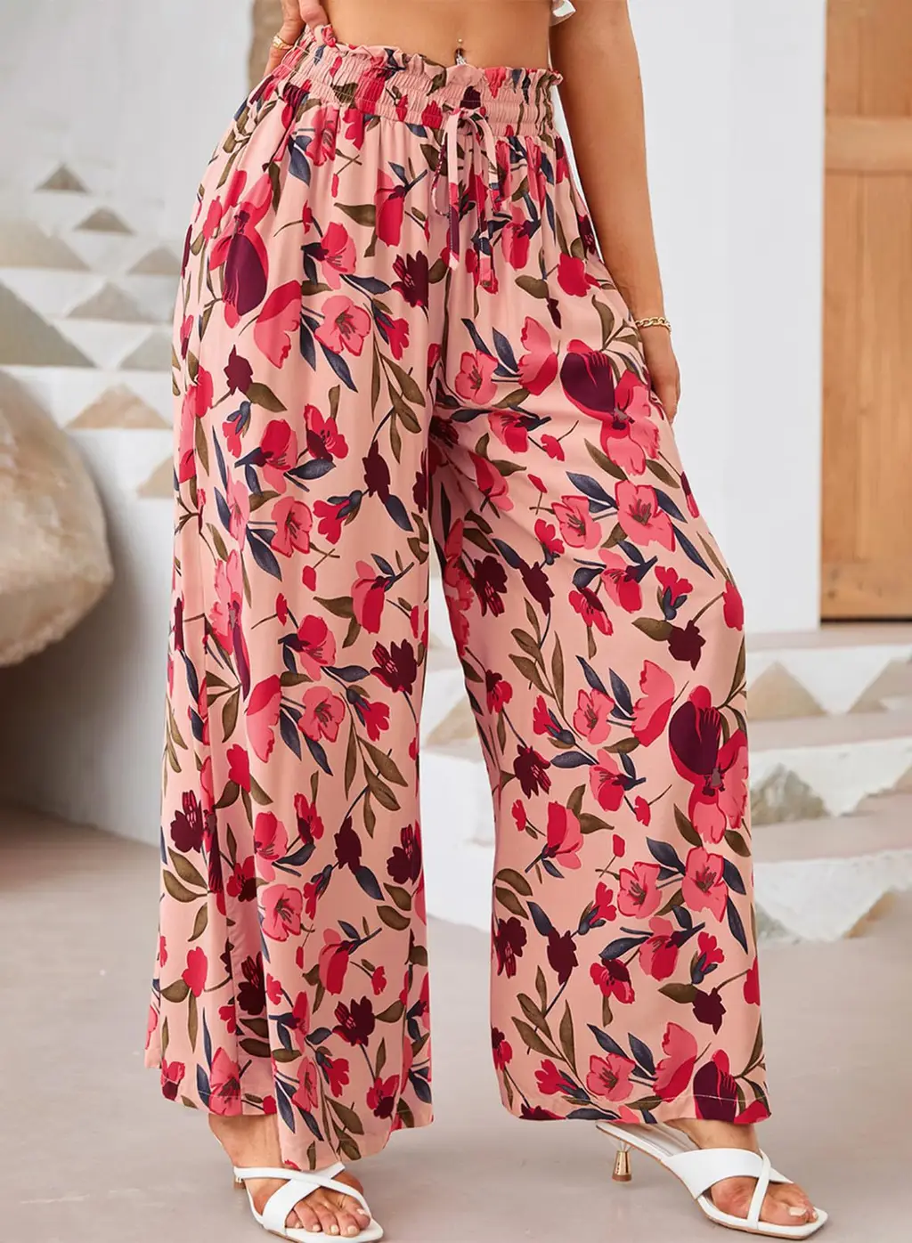 Flowers Printed Wide-leg Trousers Summer Casual Straight Pnats For Women Beach Clothing - Style 1
