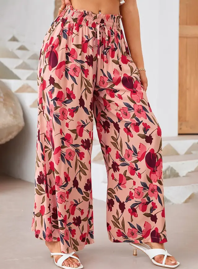 Flowers Printed Wide leg Trousers Summer Casual Straight Pnats For Women Beach Clothing Style 1 - Shop at LoveMi