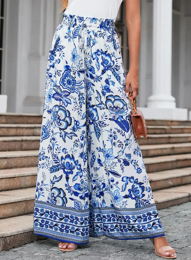 Flowers Printed Wide leg Trousers Summer Casual Straight Pnats For Women Beach Clothing Style 4 - Shop at LoveMi
