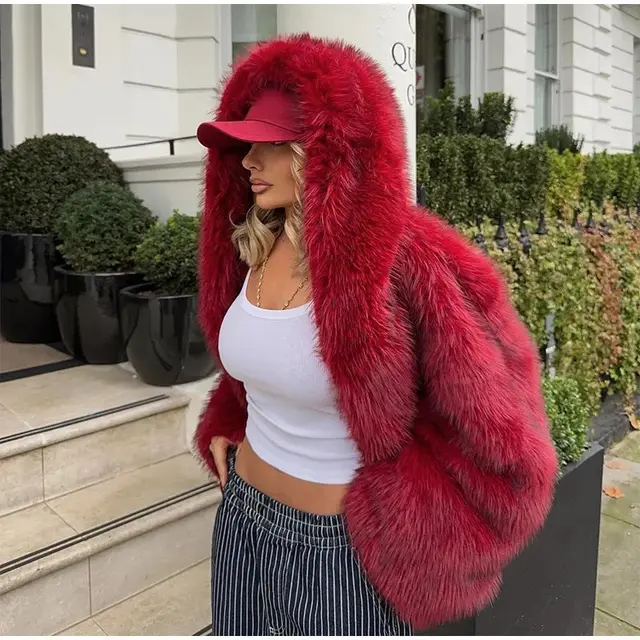 Women's Green Fur Faux Fox Fur Hooded Coat Angora Red - Shop at LoveMi