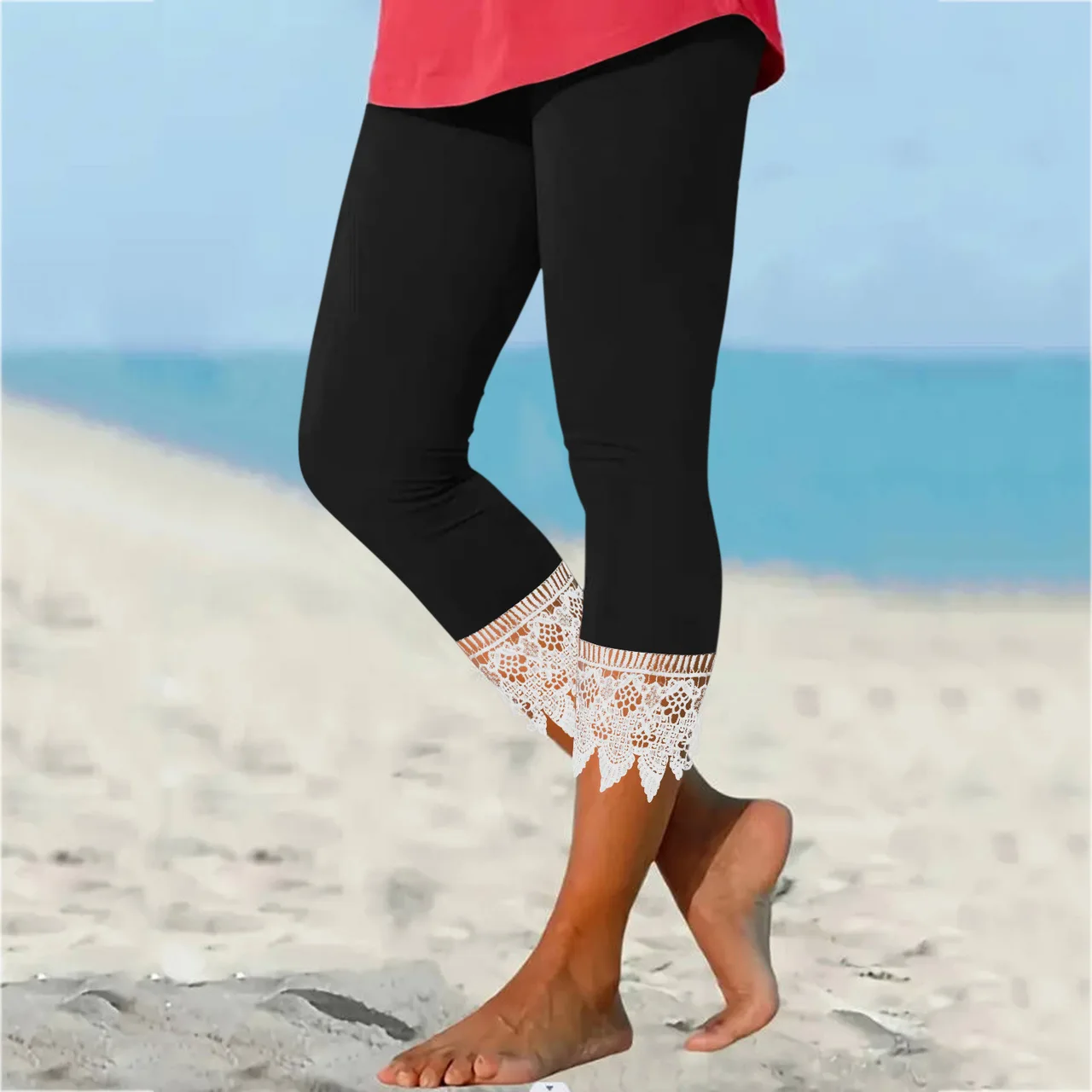 Solid Color Casual Lace Stitching Leggings - Black