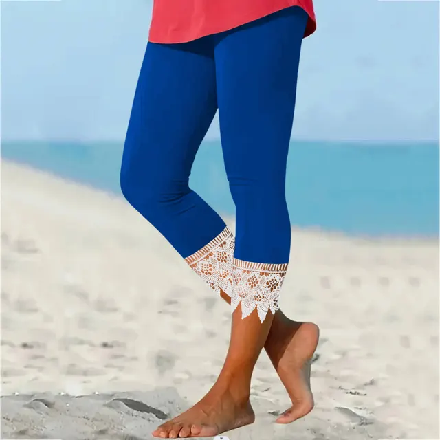 Solid Color Casual Lace Stitching Leggings Blue - Shop at LoveMi