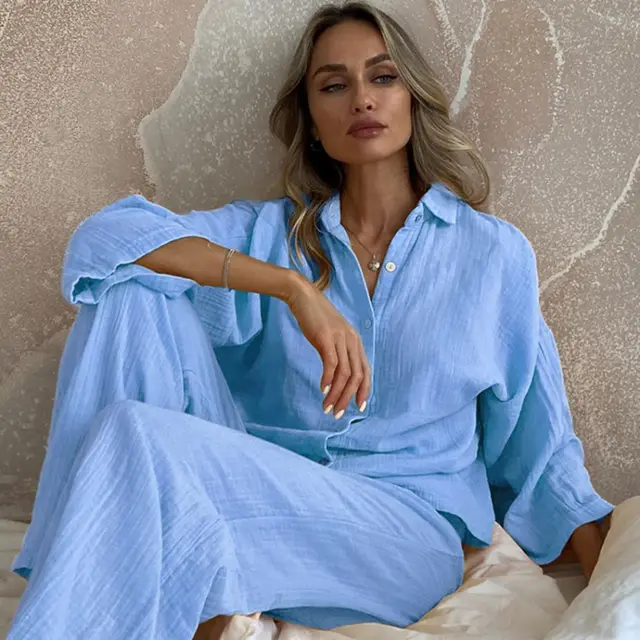 Double layer Gauze Breathable And Loose Fashion Ladies Home Leisure Suit Blue - Shop at LoveMi