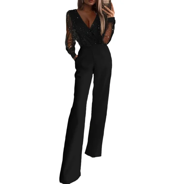 Fashion Slim fit Solid Color V neck Mesh Stitching High Waist Pocket Jumpsuit Black - Shop at LoveMi