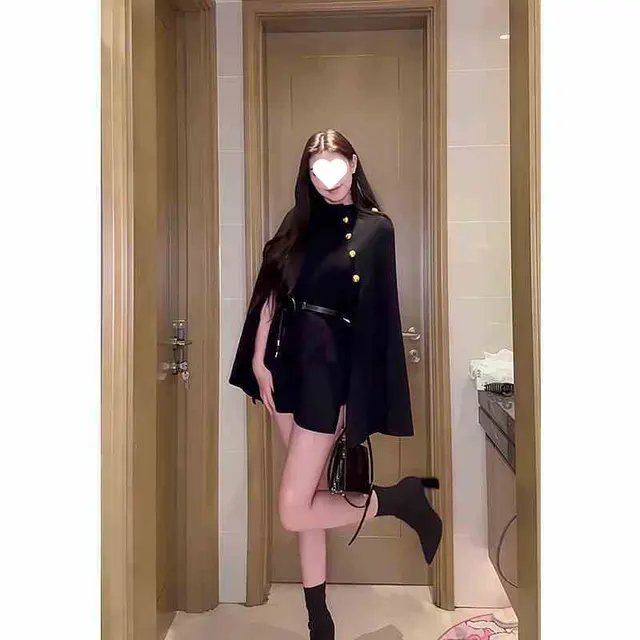 Autumn And Winter Shawl Cape Woolen Atmosphere Advanced Black Belt - Shop at LoveMi