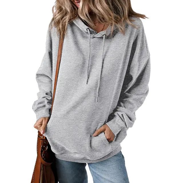 Solid Color Drawstring Hoodie Women Gray - Shop at LoveMi