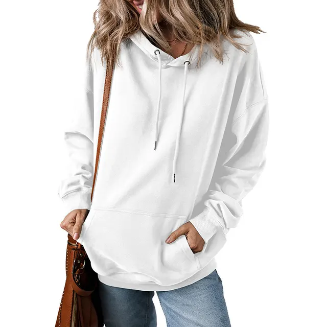 Solid Color Drawstring Hoodie Women White - Shop at LoveMi