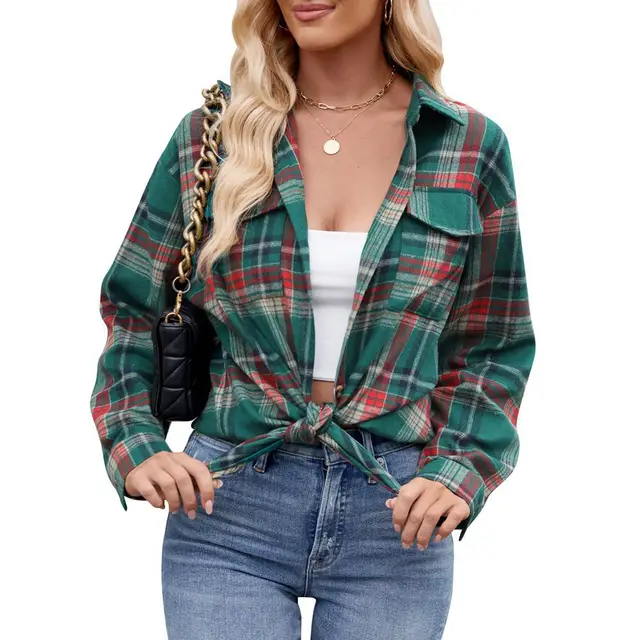 Casual Fashion Loose Plaid Pocket Shirt For Women Dark Green - Shop at LoveMi