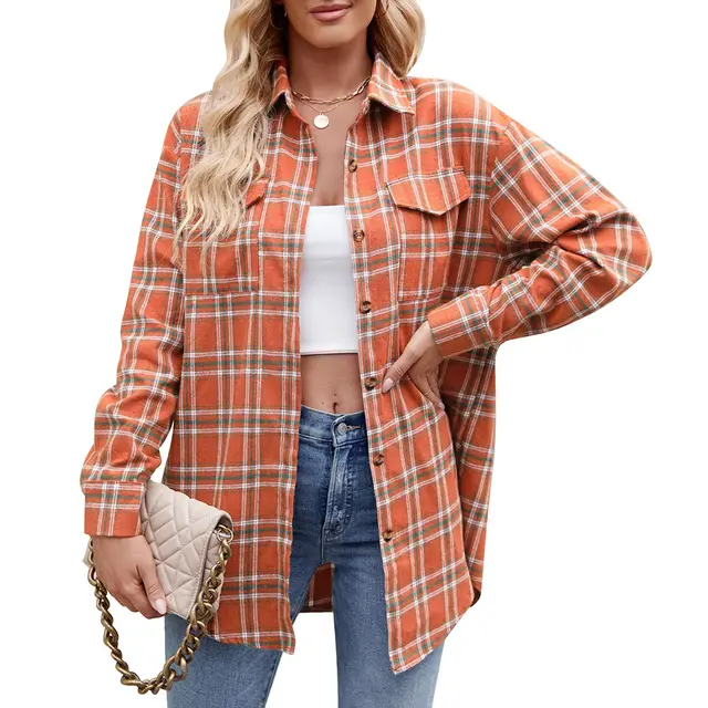 Casual Fashion Loose Plaid Pocket Shirt For Women Orange - Shop at LoveMi