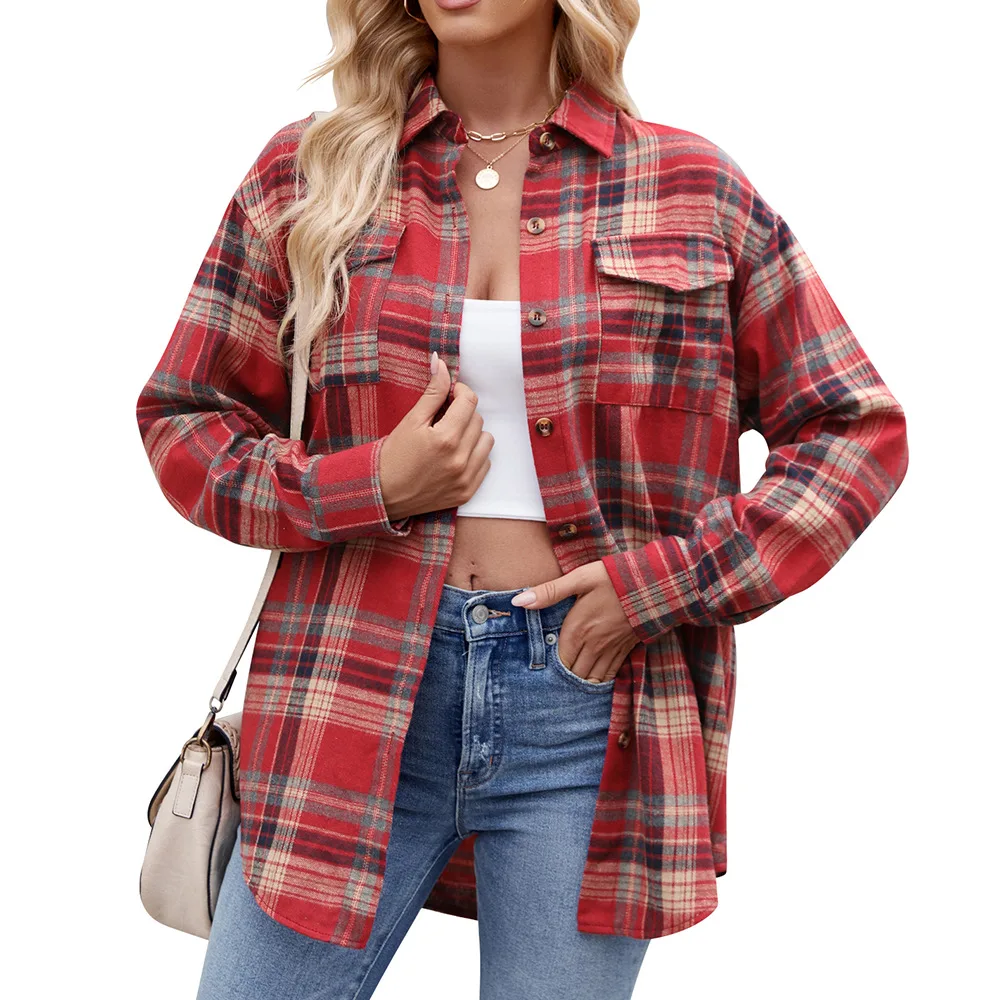 Casual Fashion Loose Plaid Pocket Shirt For Women Red Khaki Color - Shop at LoveMi