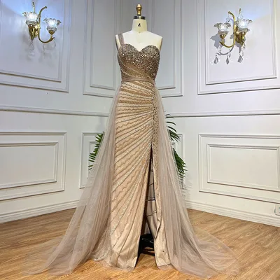 Blue Handmade Beaded Split Shoulder Fishtail Dress Caramel Color - Shop at LoveMi