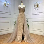 Blue Handmade Beaded Split Shoulder Fishtail Dress - Caramel Color