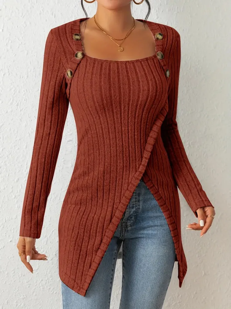 Square Collar Irregular Knitted Top With Button Design Fashion Solid Long-sleeved Long Top For Women Clothing - Chocolate