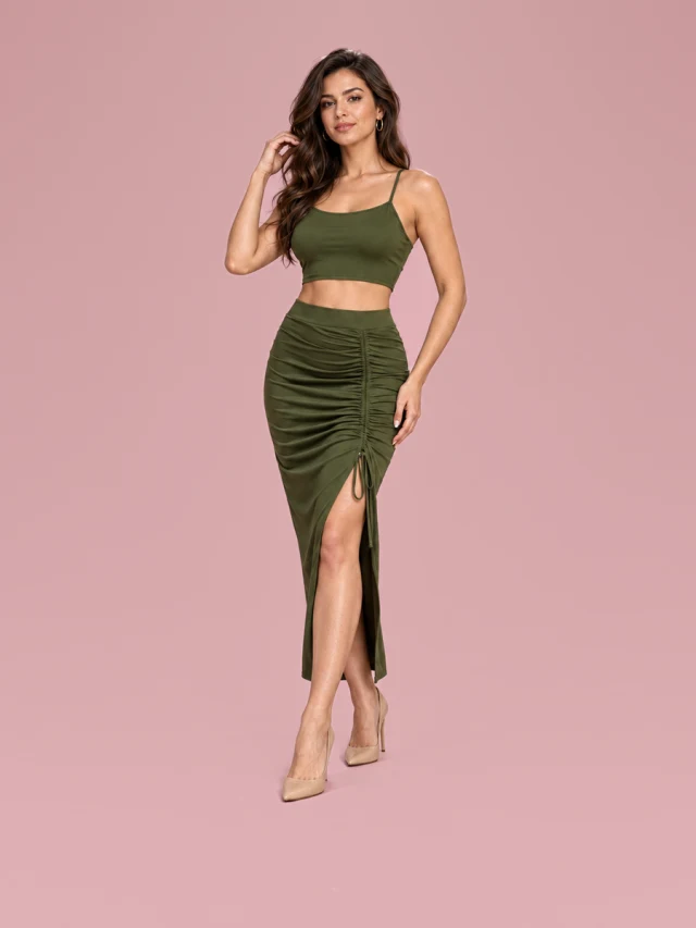 Slim Fit Sleeveless Split Mid length Dress Set Women Green - Shop at LoveMi