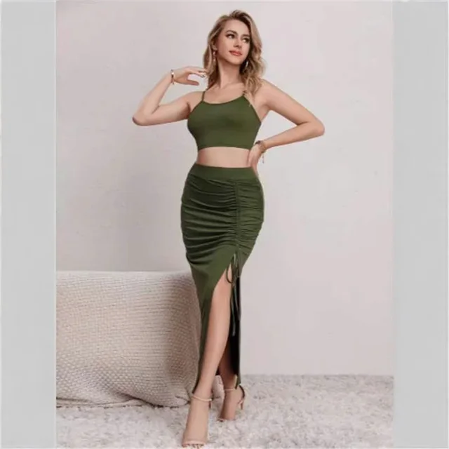 Slim Fit Sleeveless Split Mid length Dress Set Women Green - Shop at LoveMi