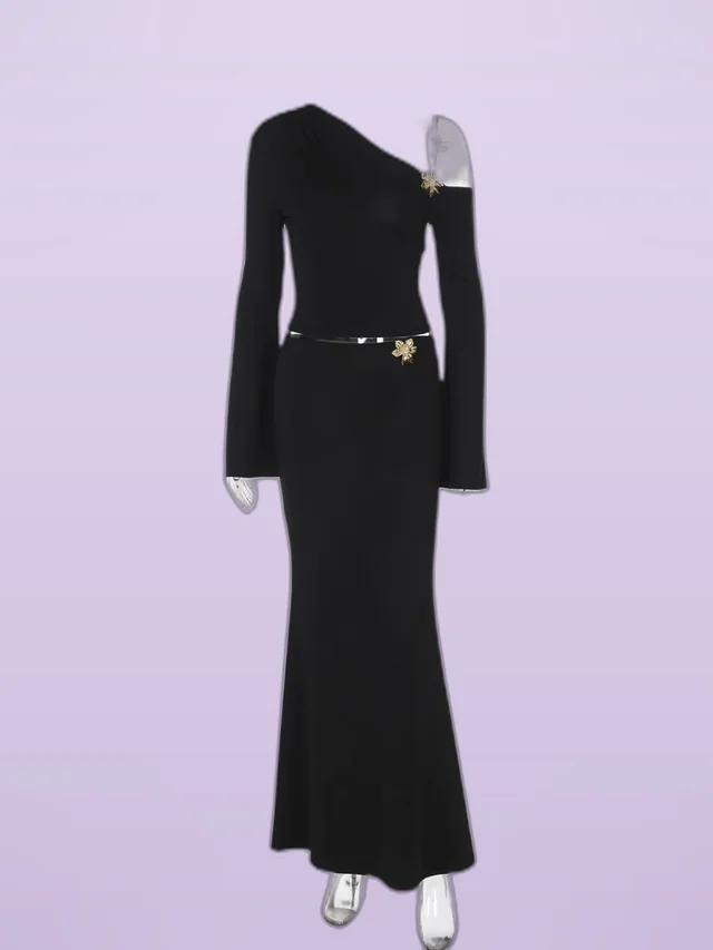 Sexy Slim Oblique Shoulder Skirt Suit With Flower Fashion Bell Sleeve Long Sleeve Top And High Waist Long Skirt Women Clothing Black - Shop at LoveMi