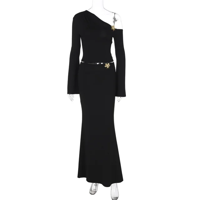 Sexy Slim Oblique Shoulder Skirt Suit With Flower Fashion Bell Sleeve Long Sleeve Top And High Waist Long Skirt Women Clothing Black - Shop at LoveMi