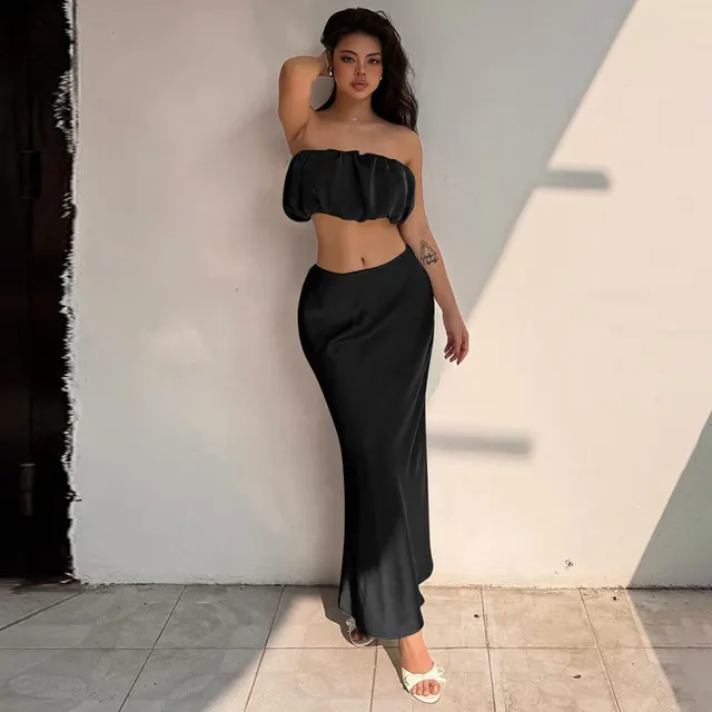 Horizontal Bra Top Slim Skirt Suit Black - Shop at LoveMi