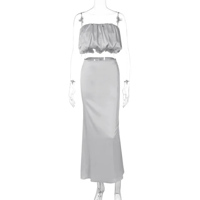 Horizontal Bra Top Slim Skirt Suit Silver - Shop at LoveMi