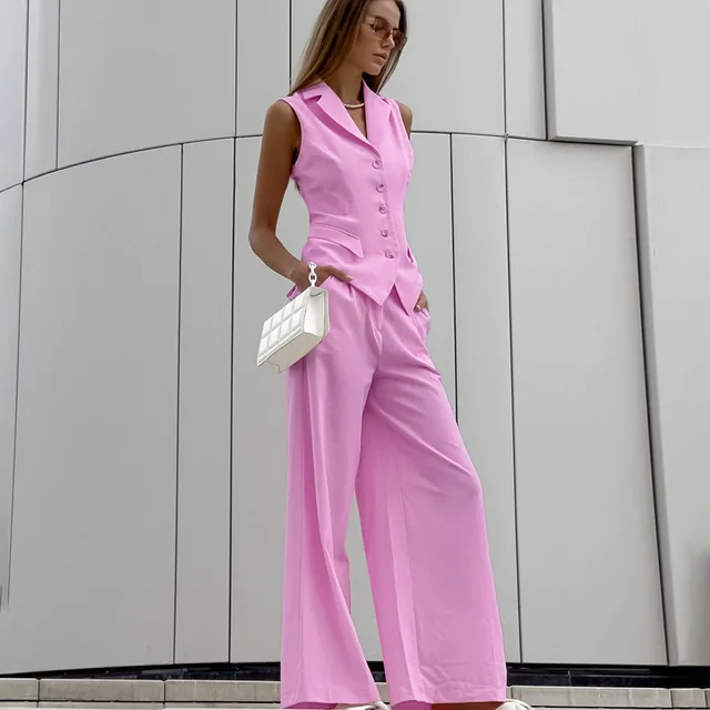 Cotton Linen Sleeveless Slim Fit Vest High waisted Trousers Suit Pink - Shop at LoveMi