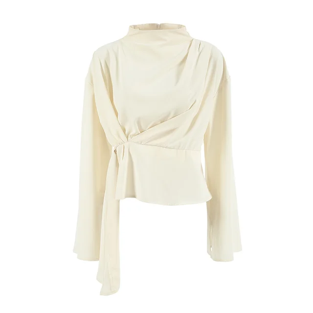 Small Stand Collar Chiffon Bell Sleeve Pleated Split Shirt Apricot - Shop at LoveMi