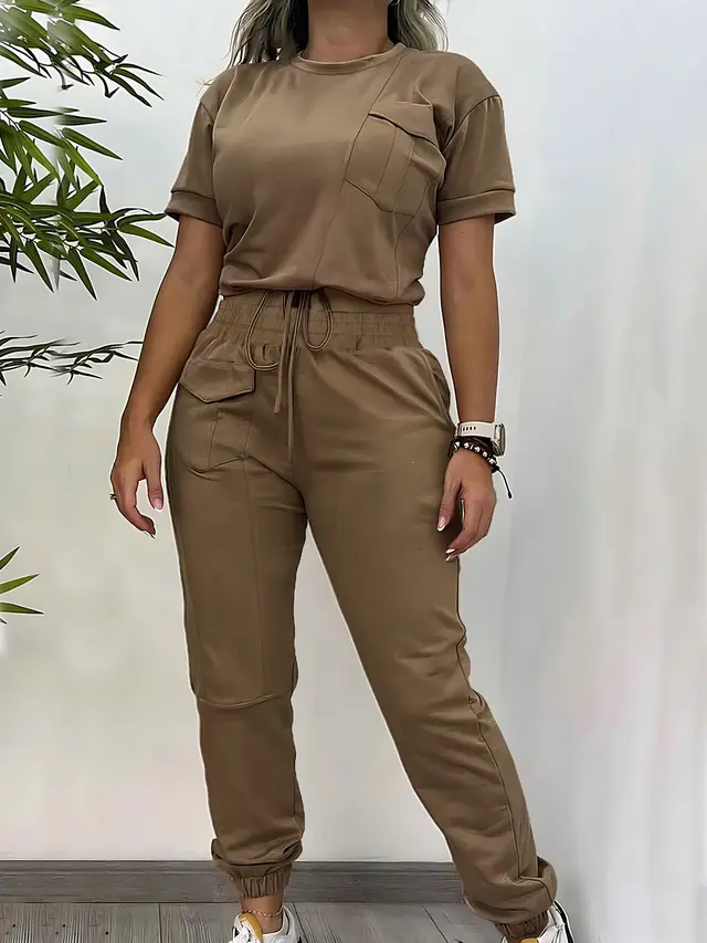 Workwear Casual Round Neck Short Sleeve Trousers Two piece Set Camel - Shop at LoveMi