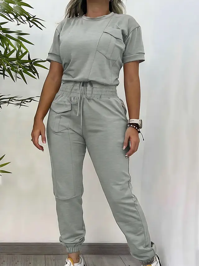 Workwear Casual Round Neck Short Sleeve Trousers Two piece Set Silver - Shop at LoveMi