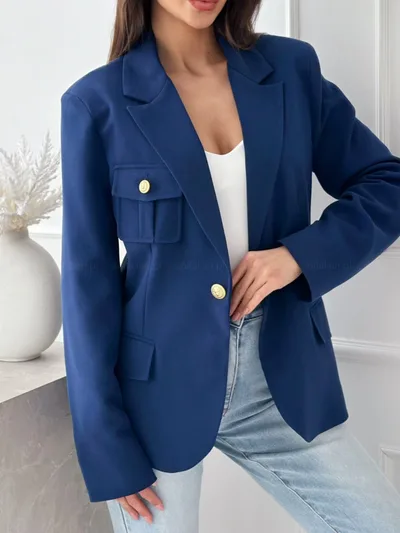 Double Breasted Solid Color Suit Small Coat For Women Navy Blue - Shop at LoveMi