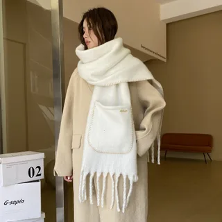 Women's Pure Color Warm Keeping Pocket Scarf - White