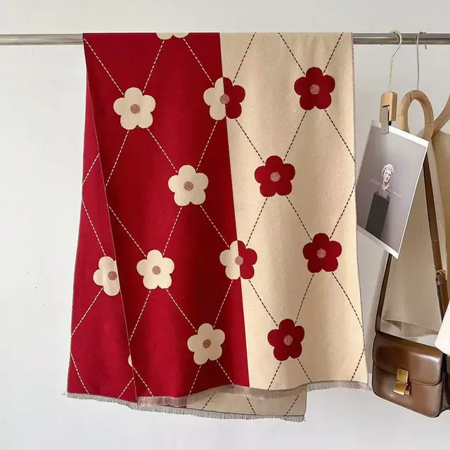 Cashmere Color Matching Line Warm Scarf Flower Red - Shop at LoveMi