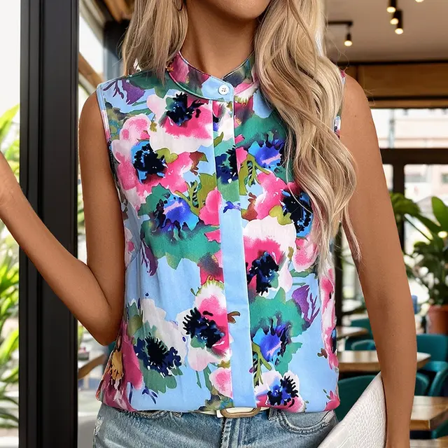 Stand Collar Sleeveless Pullover Print Blue Shirt Blue - Shop at LoveMi