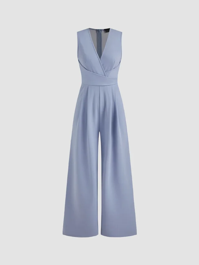 V neck Wrap Zipper Wide Leg Jumpsuit Blue - Shop at LoveMi