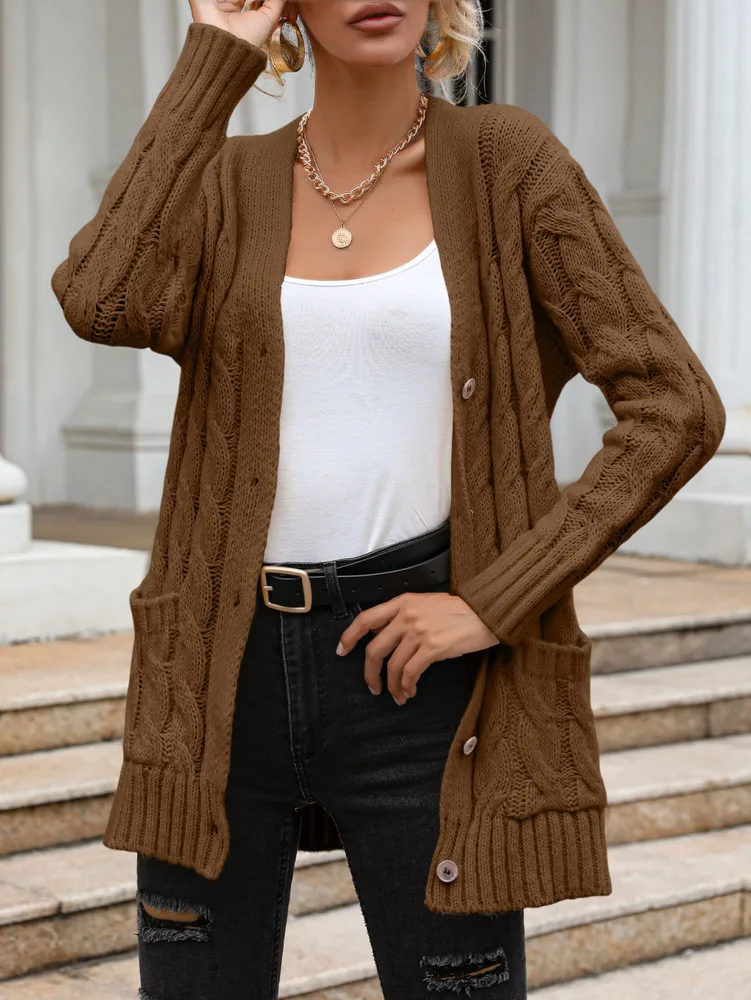 Solid Color Twist Single breasted Knitted Cardigan For Women Brown - Shop at LoveMi