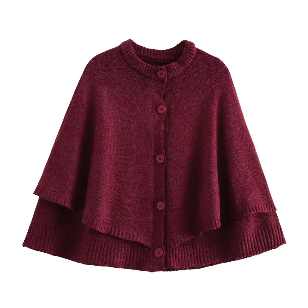 All-match Cloak Design Round Neck Knitted Coat - Wine Red