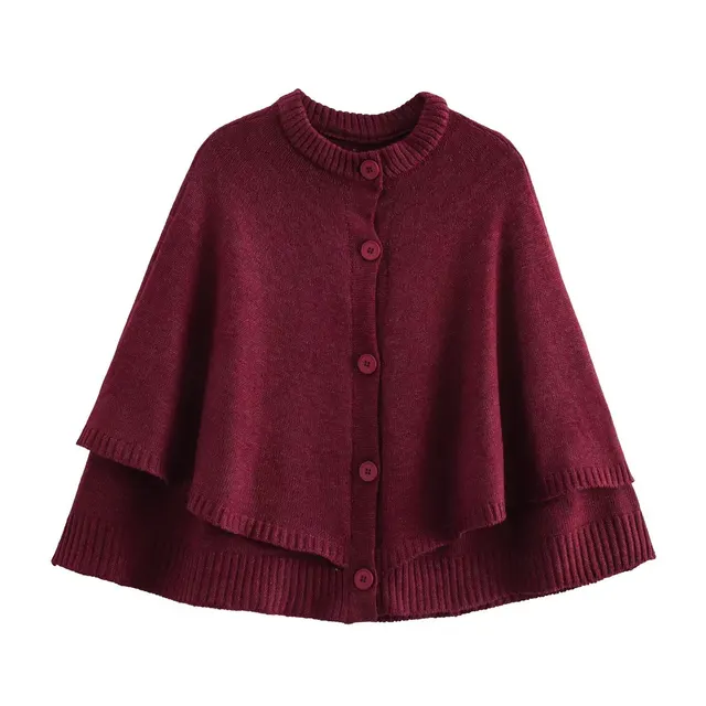 All match Cloak Design Round Neck Knitted Coat Wine Red - Shop at LoveMi
