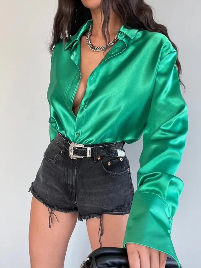 Single breasted Long Sleeve Lapel Shirt Sexy Women Clothing Green - Shop at LoveMi