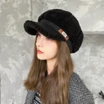 Faux Cashmere Fashion Leather Tag Octagonal Winter Warm Peaked Cap - Black
