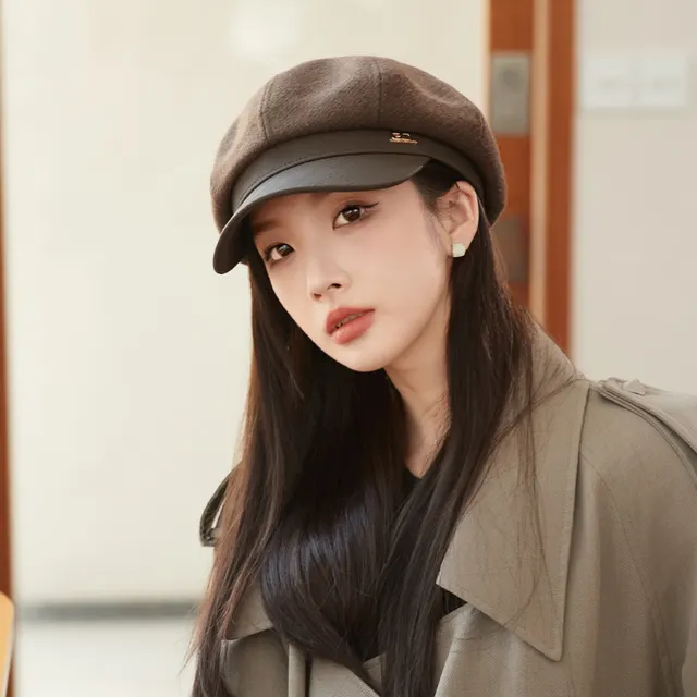 Korean Hat British Retro Leather Along Octagonal Cap Mm1532 Coffee - Shop at LoveMi