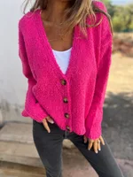 Fashion Solid Color Cardigan Knitted Sweater For Women - Rose Red