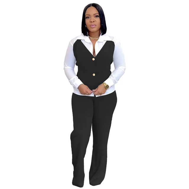 Fake Two Pieces Shirts Vest Stitching Sweater Pants Suit Black - Shop at LoveMi