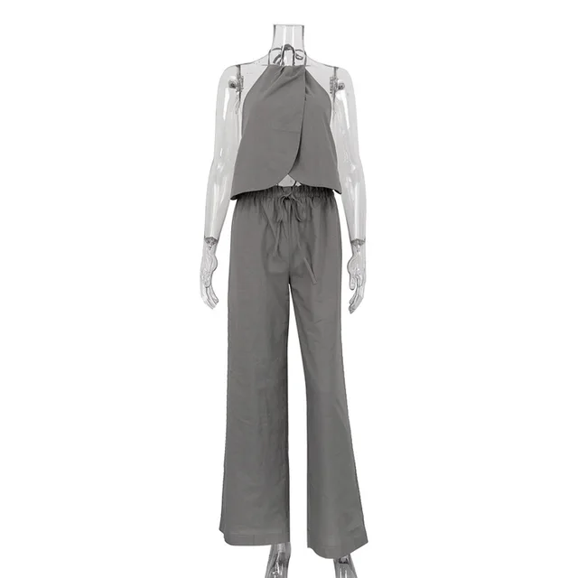 Two piece Set Lace up Halterneck Vest Sleeveless Top Women's Wide leg Pants Suit Gray - Shop at LoveMi