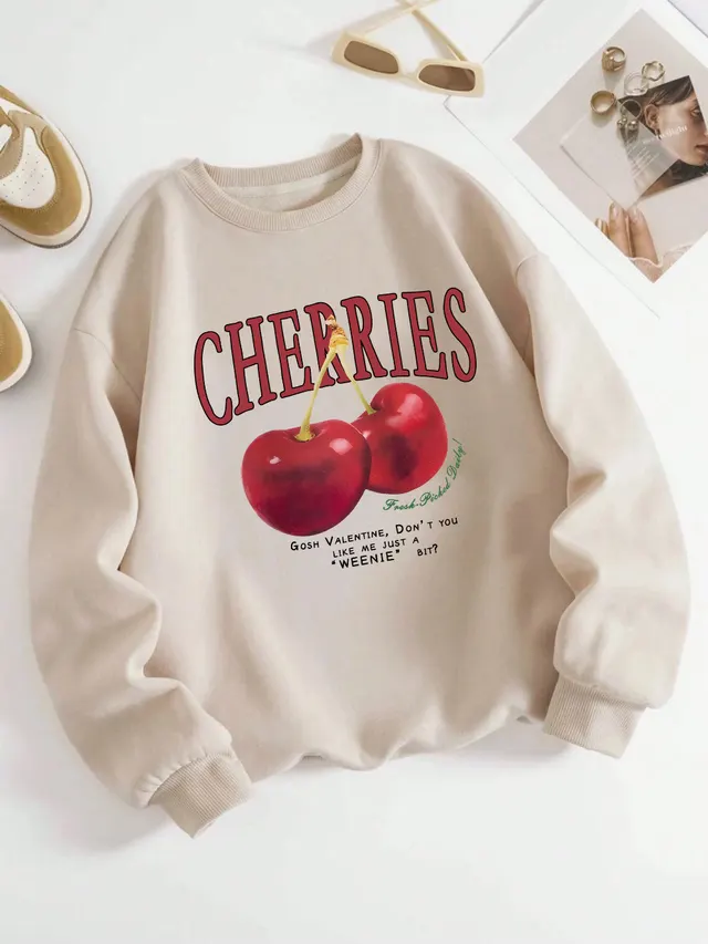 Fashion Women's Sweatshirt Fresh Red Cherry Printed Sweater Beige - Shop at LoveMi