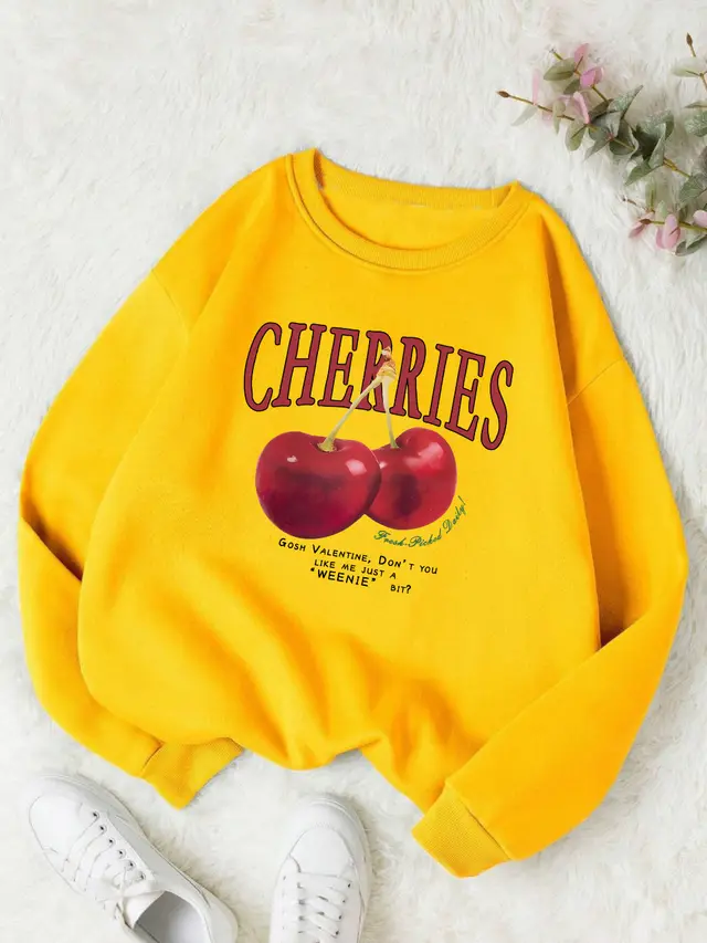 Fashion Women's Sweatshirt Fresh Red Cherry Printed Sweater Yellow - Shop at LoveMi