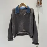Stitching Denim High-grade Fake Two-piece Knitted Top - Gray