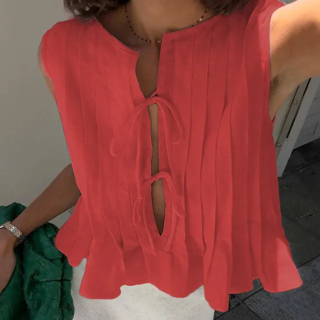 Spring And Summer New Lace up Cotton And Linen Women's Shirt Red - Shop at LoveMi