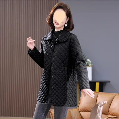 Women's Mid length Plus Size Diamond Plaid Cotton padded Jacket Black Medium Long - Shop at LoveMi