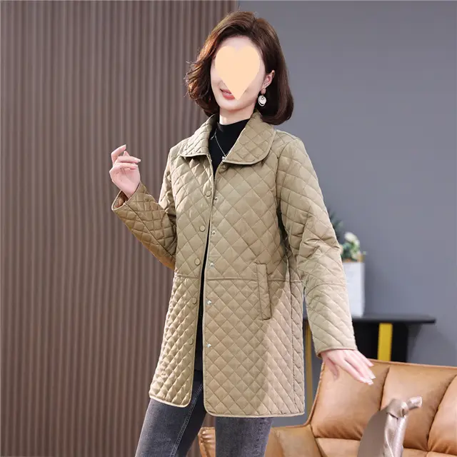 Women's Mid length Plus Size Diamond Plaid Cotton padded Jacket Blue Medium Long - Shop at LoveMi