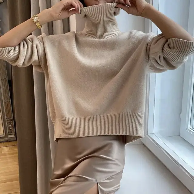 Women's Multi color Turtleneck Solid Color Sweater Loose Pullover Stand Collar Khaki - Shop at LoveMi
